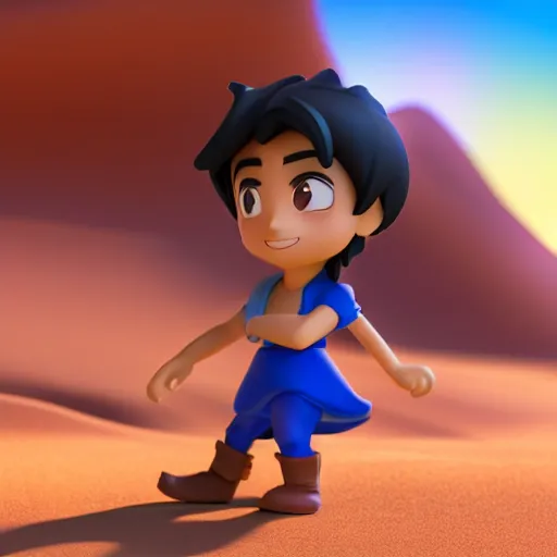 Prompt: profile view of young aladdin as nendoroid walking in a desert, disney, pixar, 8 k, hd, dof, kodak film, volumetric lighting, subsurface scattering, photorealistic, octane render, details