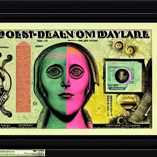 Image similar to post - punk new age album cover, asymmetrical design, mess, frame of a dollar bank notes, capitalism, magic, apocalypse, psychedelic, black white pink, magic, giger h. r., giuseppe arcimboldo