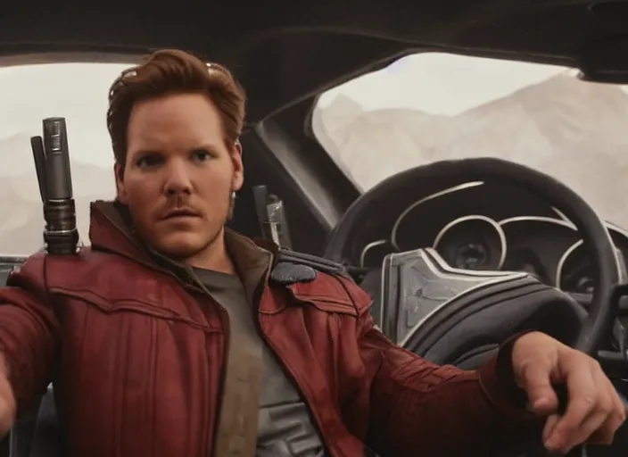 Image similar to a very high resolution image from a new movie, starlord. inside of a car. mountains, falling stars, directed by wes anderson