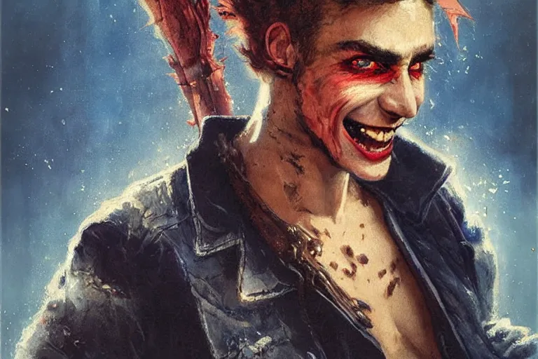 Prompt: portrait of a 2 5 year old contract killer named spike. he wears a tattered denim vest and has wide, bloodshot eyes, and a terrifying smile. art by gaston bussiere.