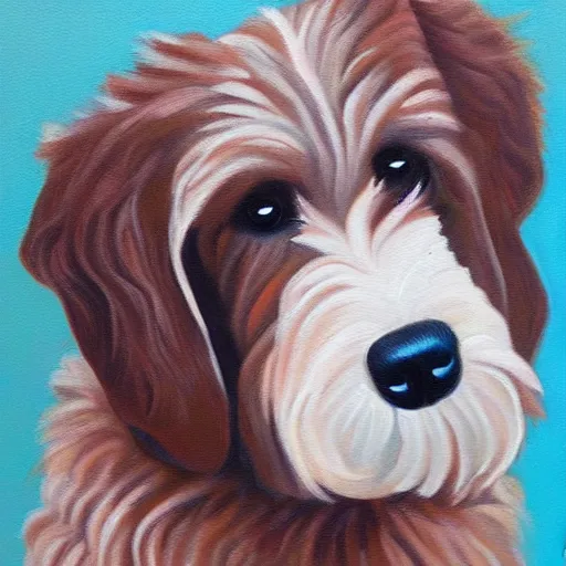 Prompt: a handsome portrait of an aussie doodle pup, oil on canvas, high budget