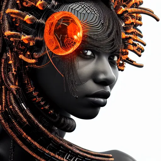 Prompt: portrait of an absurdly beautiful, graceful, sophisticated, fashionable black cyberpunk mechanoid gravure idol, hyperdetailed illustration by irakli nadar, adut akech, matt wisniewski style, intricate linework, dark black skin, lion's mane jellyfish headdress, unreal engine 5 highly rendered, global illumination, orange light, detailed and intricate environment