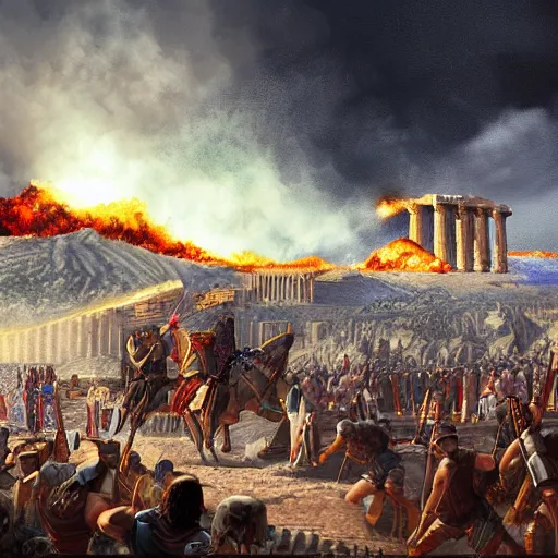 Prompt: digital art depiction of angry, strong, charismatic Cyrus the Great defeating fat, sad, weak Elon Musk at the battle for Athens, with the Acropolis of Athens burning on the background, trending on Artstation