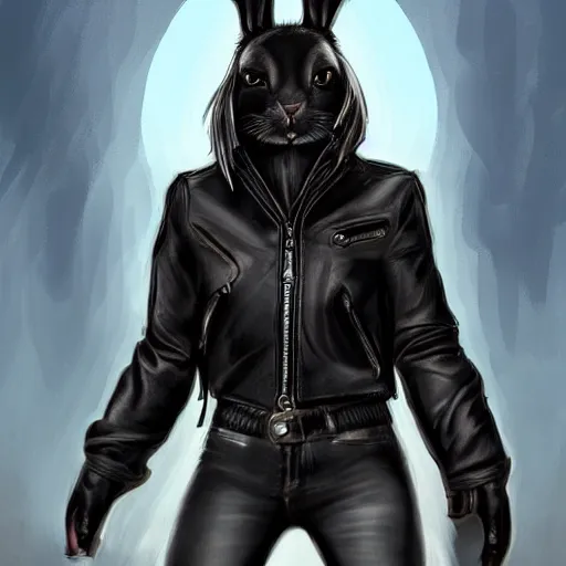 Prompt: A bunny with a small head wearing a leather jacket and leather jeans and leather gloves, trending on FurAffinity, energetic, dynamic, digital art, highly detailed, FurAffinity, high quality, digital fantasy art, FurAffinity, favorite, character art, bunny, deviantart