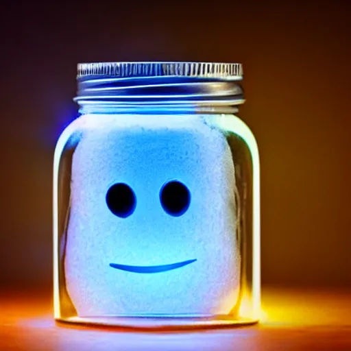 Image similar to a glowing ghost contained in a jar, realistic illumination