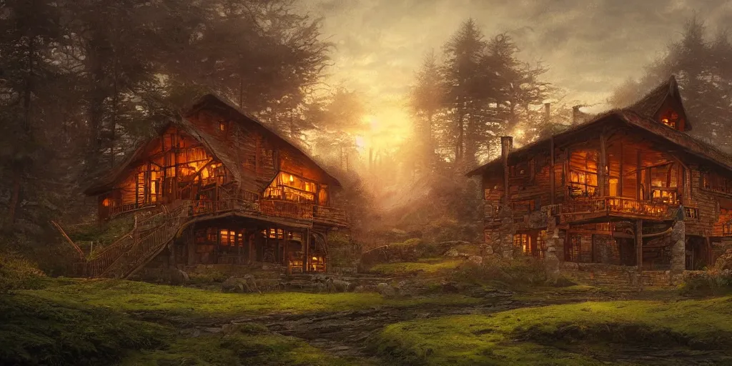 Image similar to artwork of the timber retreat, by john howe & tim white & les edwards, exquisite lighting, clear focus, highly detailed, cinematic view, trending on artstation, exquisite
