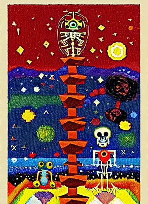 Image similar to pixel decollage painting tarot lovers card composition tower of babel road red armor maggot bear and wonky alien frog skeleton knight on a horse in a dark red cloudy night sky with golden foil jewish stars and diamonds, mountain lake and blossoming field in background, painted by Mark Rothko, Helen Frankenthaler, Danny Fox and Hilma af Klint, pixelated, neo expressionism, semi naive, pastel colors, cinematic, color field painting, cave painting, voxel, pop art look, outsider art, minimalistic. Bill Traylor painting, part by Philip Guston, Amano and Francis Bacon. art by Adrian Ghenie and Storm Thorgerson, very coherent symmetrical artwork, cinematic, hyper realism, high detail, octane render, unreal engine, Smooth gradients, depth of field, full body character drawing, extremely detailed, 8k, extreme detail, intricate detail, masterpiece