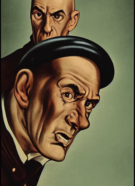 Image similar to portrait of glamorous bald medieval man with big nose and annoyed gesture,look of hate, threatening pose, 1940s propaganda poster, full hd,highly detailed