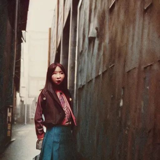 Image similar to 1990s perfect 8K HD professional cinematic photo of close-up japanese schoolgirl posing in sci-fi dystopian alleyway at morning during rain, at instagram, Behance, Adobe Lightroom, with instagram filters, depth of field, taken with polaroid kodak portra