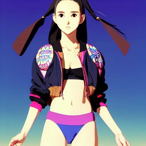 Image similar to a beautiful japanese natalie portman gravure model, wearing oversized native designer bomber jacket and leotard, bulky poofy bomber jacket with mesoamerican patterns, mesoamerican native street fashion, gapmoe yandere grimdark, trending on pixiv fanbox, painted by greg rutkowski makoto shinkai takashi takeuchi studio ghibli, akihiko yoshida