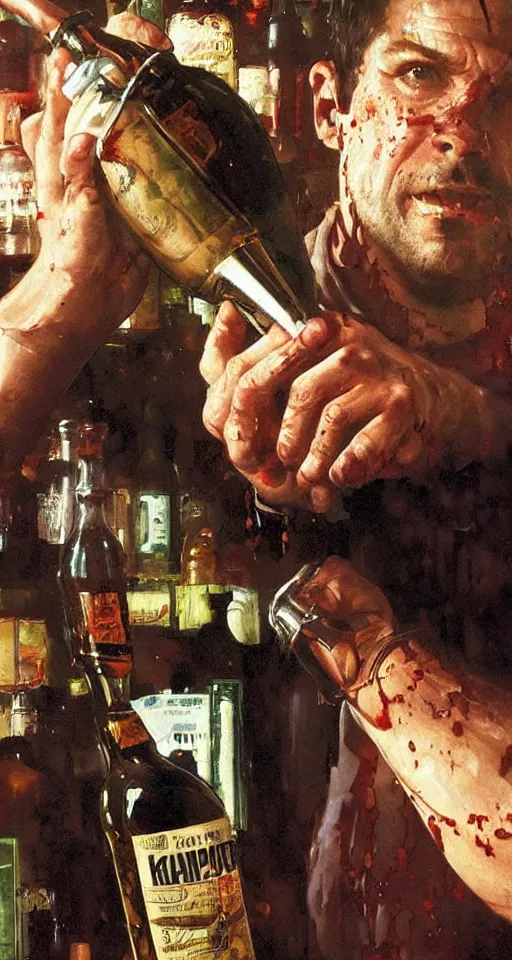 Image similar to close up of bloodied max payne pouring vodka, sun shining, photo realistic illustration by greg rutkowski, thomas kindkade, alphonse mucha, loish, norman rockwell.