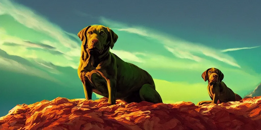 Prompt: hyperrealist, graphic novel illustration of a bulky green alien labrador retriever with shaggy green fur with green dye sitting on a hill set against a dramatic red sky, sky is red, pulp 7 0's sci - fi vibes, 9 0's hannah barbara fantasy animation, cinematic, movie still, studio ghibli masterpiece