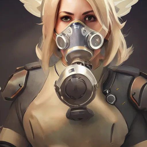 Prompt: mercy overwatch wearing a gas mask, 8 k resolution, highly detailed, intricate, very beautiful face, very detailed eyes, by greg rutkowski, wlop