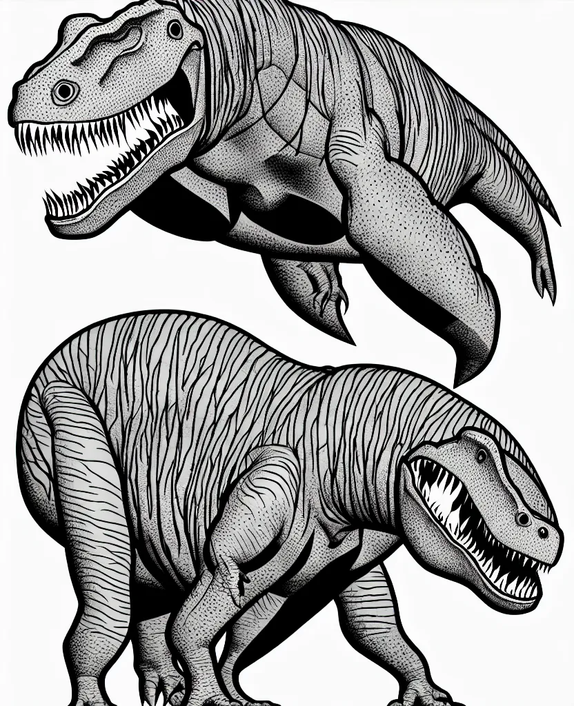 Prompt: trex dinosaur, symmetrical, accurate, simple clean lines, black and white, no shading, coloring book, graphic art, line art, vector art, by martina matteucci, pavel shvedov, peter lundqvist, diane ramic, artstation