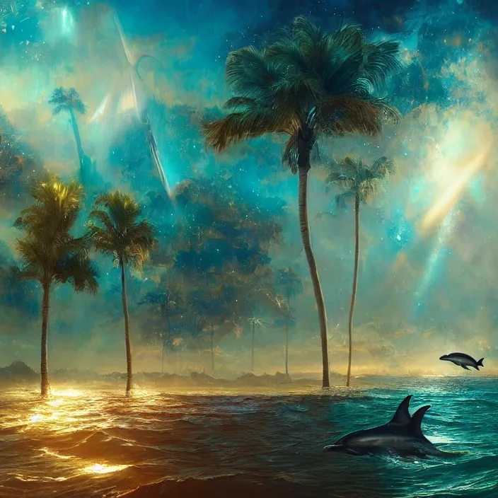 Image similar to dolphins swimming, golden hour, god rays, dreamscape by artgerm and ruan jia and ismail inceoglu and greg olsen, cosmos, milky way galaxy, masterpiece, beautiful, intricate, elegant, highly detailed, palm trees