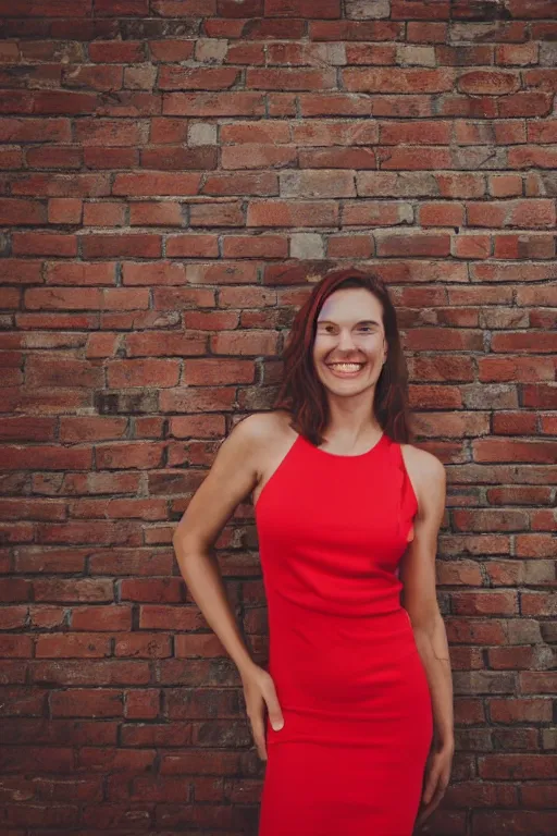 Image similar to photo portrait of a smiling pretty woman in a red sleeveless dress, out of focus, blurry