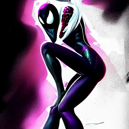 Image similar to gorgeous female Emma Stone as Spider-Gwen as venom, realistic character concept, medium shot, evil pose, comic book, illustration, slender symmetrical body, artstation, cinematic lighting, hyperdetailed, Tom Bagshaw, Joshua Middleton, Rafeal Albuquerque comic, single face, insanely detailed and intricate, dark and smokey background