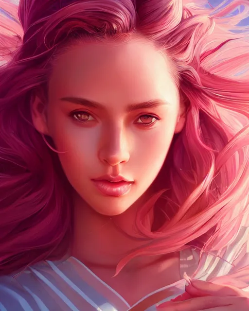 Image similar to summer vibes, beautiful sun tanned goddess portrait, flowy pink hair, sun, summer, cinematic lighting, highly detailed, digital painting, trending on artstation, pixiv, concept art, sharp focus, illustration, art by ross tran and wlop