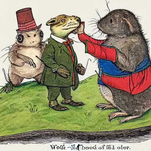 Image similar to colored illustration for the book wind in the willows, with toad welcominging his friends mole, water rat, and badger to toad hall, in style of sir john tenniel