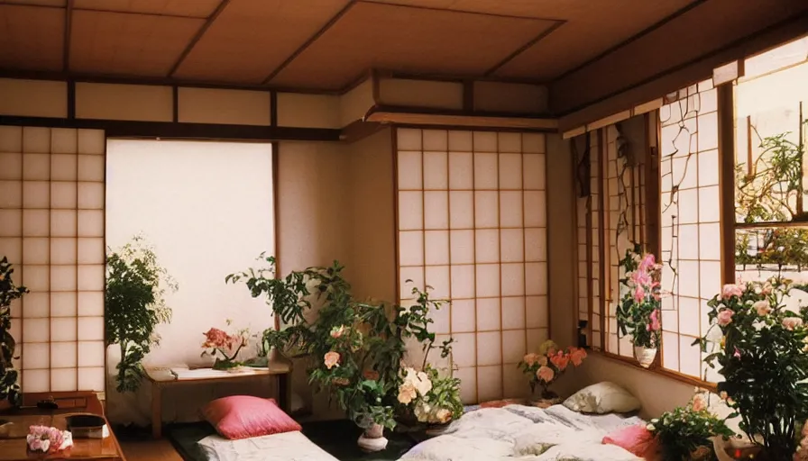 Image similar to 1 9 9 0 s candid 3 5 mm photo of a beautiful day in the a dreamy japanese flowery cottage designed by gucci, cinematic lighting, cinematic look, golden hour, a desk for flower arrangements and journaling has sun shinning on it through a window, temple in the distance, photographed by petra collins, uhd