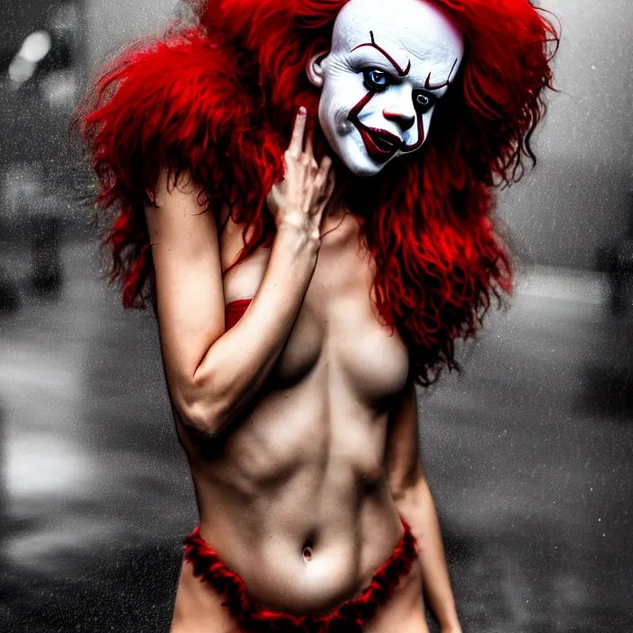 Image similar to fully body pose, photo of a very beautiful!! victoria secret model, pennywise, wet hair, raining, 8 k, hdr, smooth, sharp focus, high resolution, award - winning photo, trending on artstation, dslr, 5 0 mm