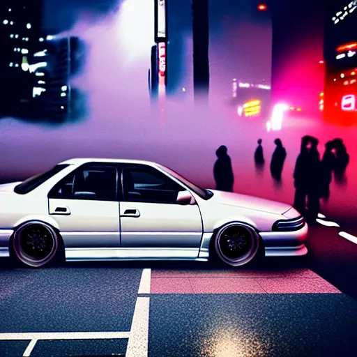 Image similar to a car JZX100 at illegal car meet, Shibuya prefecture, city midnight mist, cinematic color, photorealistic, highly detailed, 200MM