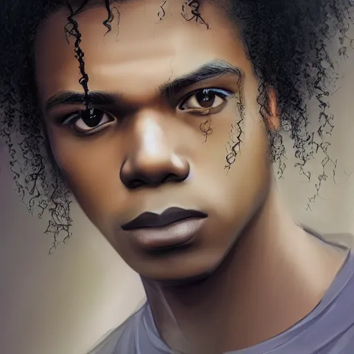 Image similar to beautiful 16 year old black boy dressed in spring wear, portrait, kpop idol, model, short curly hair like Michael Jackson, beautiful face like Zendaya, rule of thirds, trending on pixiv, trending on deviantart, 8k character concept, symmetrical facial features, by Charlie Bowater, dramatic lighting, forest background, raining, proportionate, trending on artstation