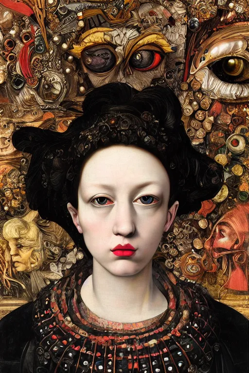 Prompt: Detailed maximalist portrait with large lips and with large eyes. HD mixed media, 3D collage, highly detailed and intricate illustration in the style of Caravaggio, dark art, baroque