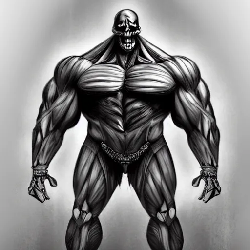 Prompt: A Large Muscular man with a Skeleton Head, high quality digital concept art