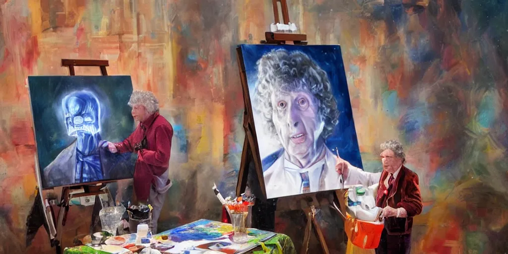 Image similar to tom baker, stands at a his easel, dressed as doctor who, paints portraits of davros, daleks and cyber men, soft focus, long exposure