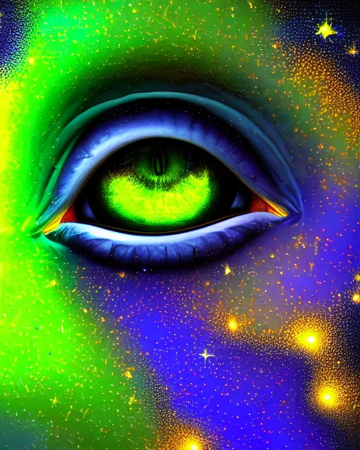 Image similar to a green eye with cobalt iris reflecting a sky full of stars, hyper realistic, fractal algorightmic art, art station, coherent design, symmetrical, vivid color, complementary color, golden ratio, detailed, sharp lines, intricate, rainbowshift, in unreal 3 d engine, nvidia optix, ray tracing, octane render