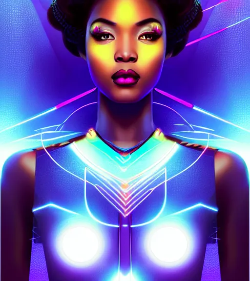 Image similar to symmetry!! asian princess of technology, solid cube of light, hard edges, product render retro - futuristic poster scifi, lasers and neon circuits, beautiful dark skin african princess, intricate, elegant, highly detailed, digital painting, artstation, concept art, smooth, sharp focus, illustration, dreamlike, art by artgerm