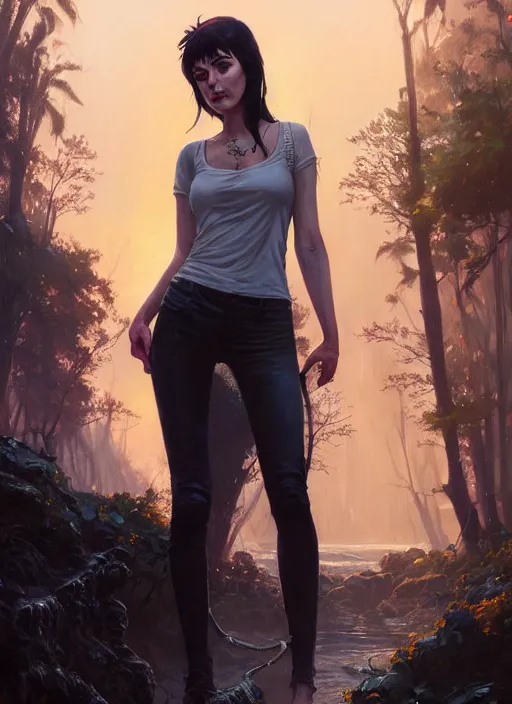 Prompt: highly detailed portrait of young elvira in gta v, stephen bliss, unreal engine, fantasy art by greg rutkowski, loish, rhads, ferdinand knab, makoto shinkai and lois van baarle, artgerm, pixar, ilya kuvshinov, rossdraws, tom bagshaw, global illumination, radiant light, detailed and intricate environment