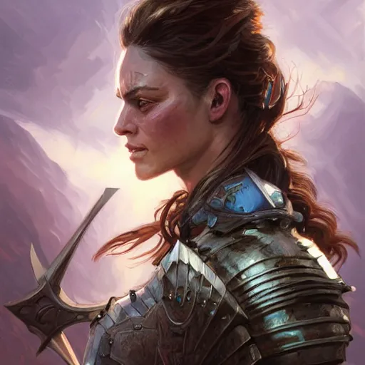 Image similar to front view portrait of a rugged female as a bruised knight with a shield and heavy armor, fantasy, intricate, headshot, highly detailed, digital painting, artstation, concept art, sharp focus, cinematic lighting, illustration, art by artgerm and greg rutkowski, alphonse mucha, cgsociety