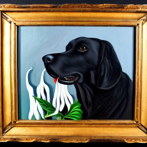 Image similar to oil painting of a black dog bearing its fangs next to white brugmansia suavolens flowers, with a dark background