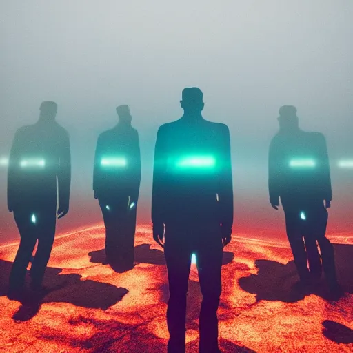 Prompt: unsplash contest winning photo, a giant crowd of men wearing shiny reflective mirrored polygonal man costumes, inside a colorful dramatic unique rocky western landscape, low fog, giant neon frame