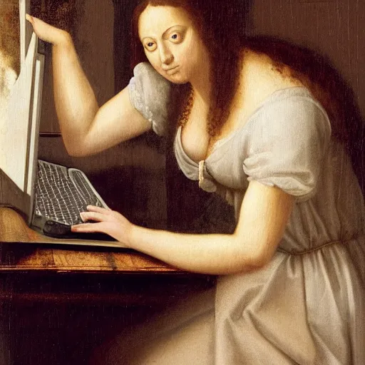 Prompt: Renaissance oil painting, full room view, skinny female artist back view, dark hair, pale grey babydoll dress, sleeveless, ruffle shoulders, typing on a computer keyboard facing a giant wall size computer screen