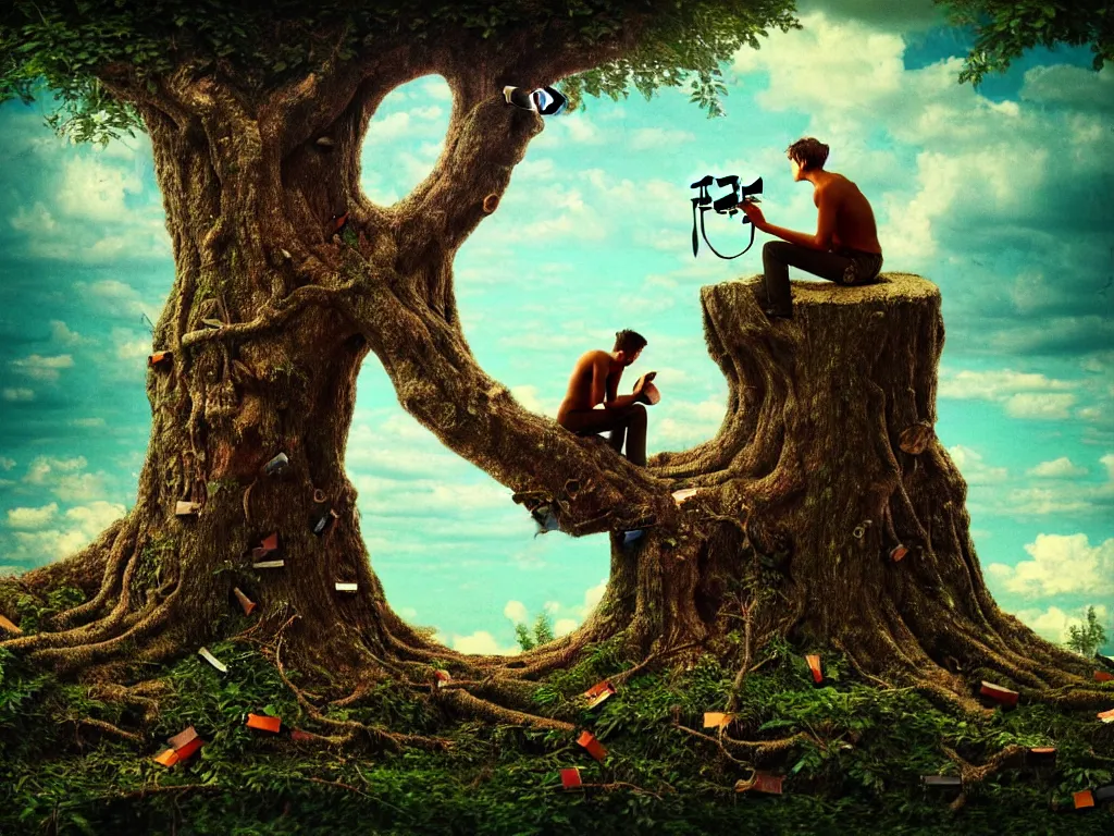 Prompt: highly detailed photo of a man sitting on a tree trunk looking to the left with binoculars, trending on deviantart, neo surrealism, sharp focus, a lot of little details, octane, masterpiece, art by max ernst