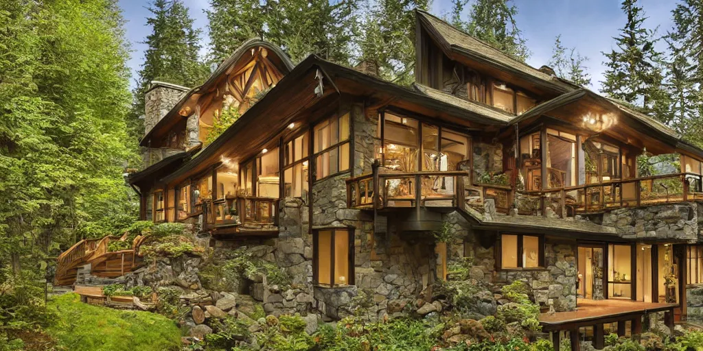 Image similar to residence in the style of rivendell, pacific northwest