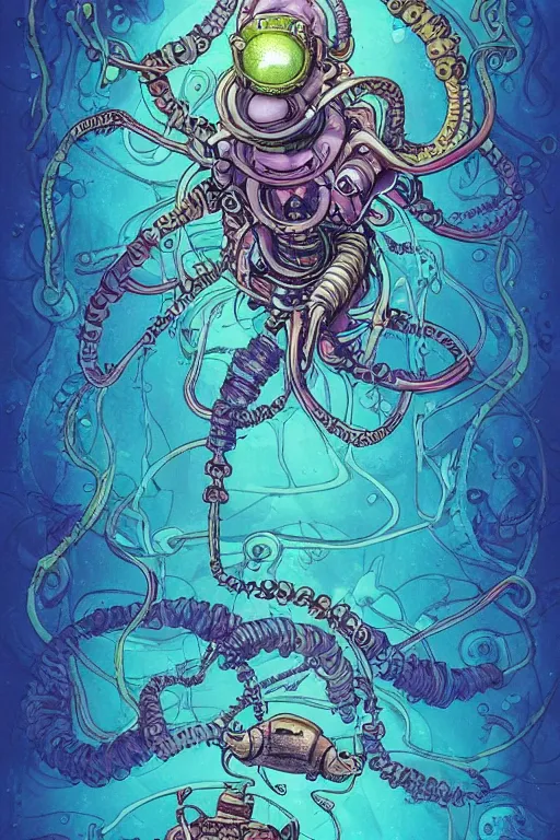 Image similar to a picture of mysterious colourful underwater creature, being discovered by a man in a steampunk diving suit. water is deep aquamarine coloured. poster art by james jean, concept art, behance contest winner, very detailed, award - winning. lovecraftian, cosmic horror, bioluminescence, submechanophobia