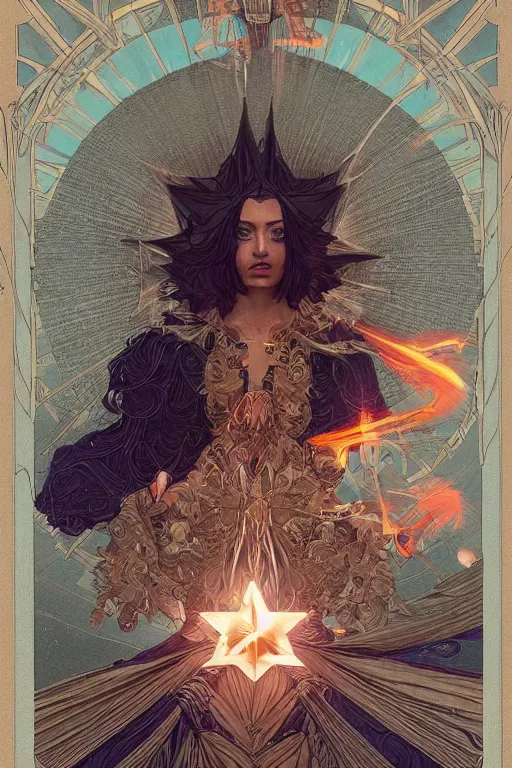 Prompt: hyperdetailed windy smoke tarot card the star in a robe. by greg rutkowski, highly detailed, digital painting, artstation, smooth, sharp focus illustration, artstation hq. intricate, elegant. art by wlop and artgerm and greg rutkowski, alphonse mucha, medium shot. dan mumford, tomokazu matsuyama, takato yamamoto