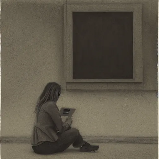 Prompt: highly detailed charcoal drawing of woman sitting on the ground inside, working on her laptop by aron wiesenfeld