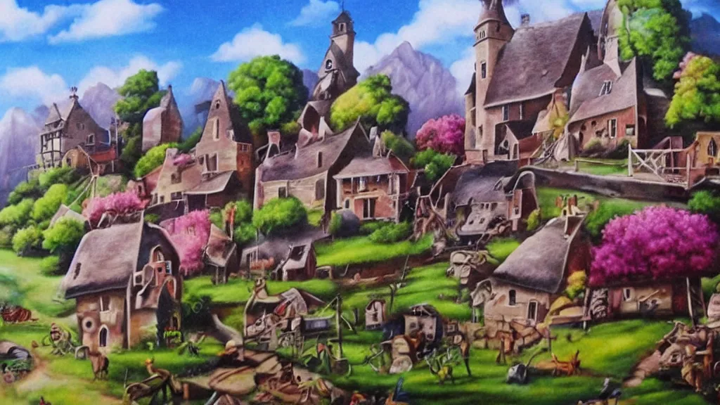 Image similar to airbrush art derivative the very crispest, neatest village