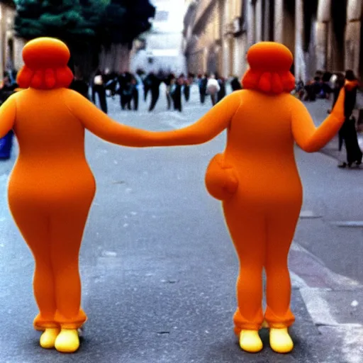 Image similar to two women dressed as squishy inflatable toys from behind, on the streets of rome, film still, fellini 1977 technicolor