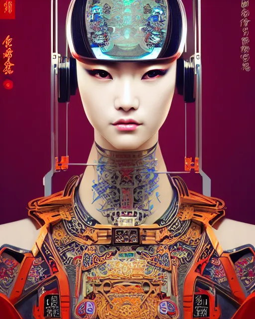 Image similar to portrait of a cyberpunk machine, machine face, upper half portrait, decorated with chinese opera motifs, asian, fine china, traditional chinese art, intricate, elegant, highly detailed, symmetry, headpiece, digital painting, artstation, concept art, smooth, sharp focus, illustration, art by artgerm and greg rutkowski and alphonse mucha, 8 k