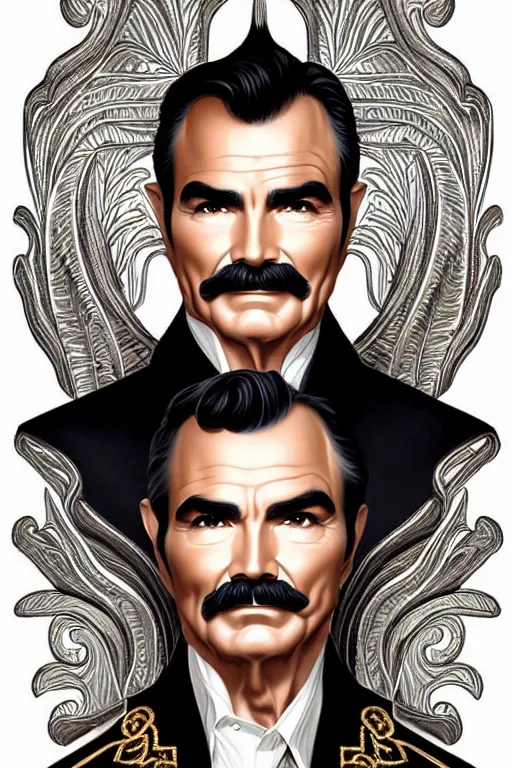 Prompt: imperial portrait, burt Reynolds, intricate art deco leaf designs elegant highly detailed Roman patterns, sharp focus art by artgerm