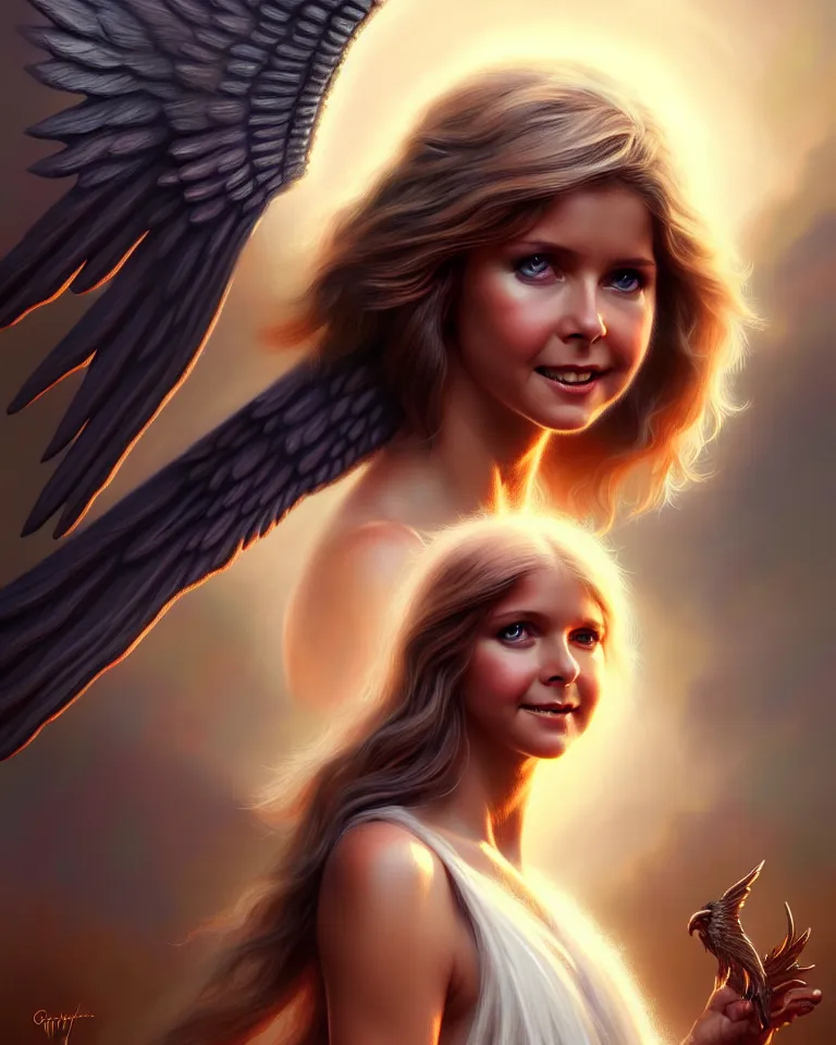 Prompt: young olivia newton - john as an angel with wings, single head, hyper realistic face, beautiful eyes, fantasy art, in the style of greg rutkowski, illustration, epic, fantasy, intricate, hyper detailed, artstation, concept art, smooth, sharp focus, vibrant