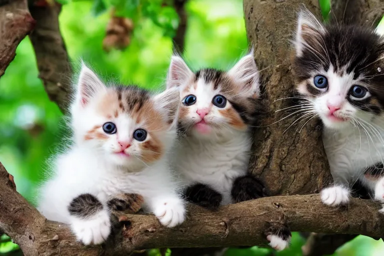 Image similar to kittens that are in a tree and the kittens are looking directly into the camera