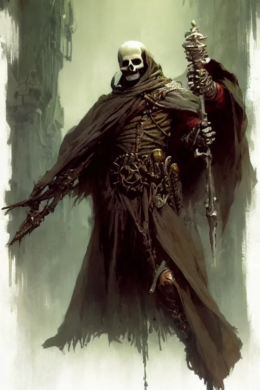 Image similar to friendly skeleton in a long cloak holding several potions portrait dnd, painting by gaston bussiere, craig mullins, greg rutkowski, yoji shinkawa