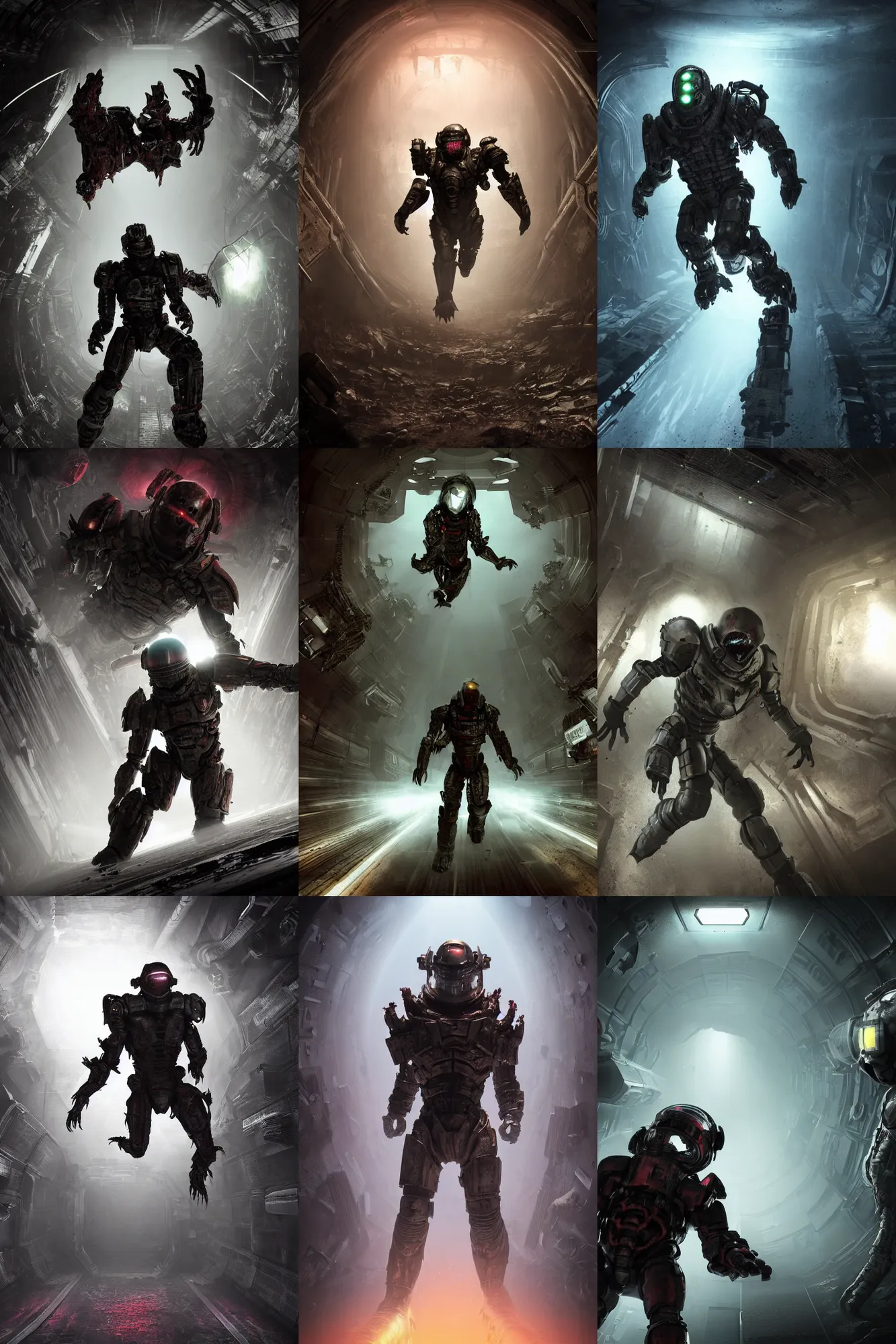 Prompt: horror movie scene of an individual in futuristic armor, being chased by a horrific monster down a hallway, running through a deep space mining space station, rusty metal walls, broken pipes, side angle, dark colors, muted colors, tense atmosphere, mist floats in the air, amazing value control, dead space, moody colors, dramatic lighting, ussg ishimura, frank frazetta
